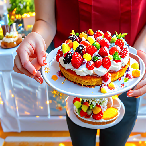 065_a woman holding a plate of cake in her hand.png